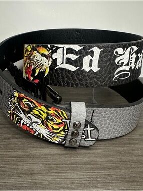 Ed Hardy men’s belt Black and Gray Tiger Graphic faux leather size 36 NWT